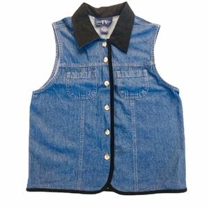 Original TY Wear Womens Denim Vest Size Petite Small Black Velveteen Trim Y2K